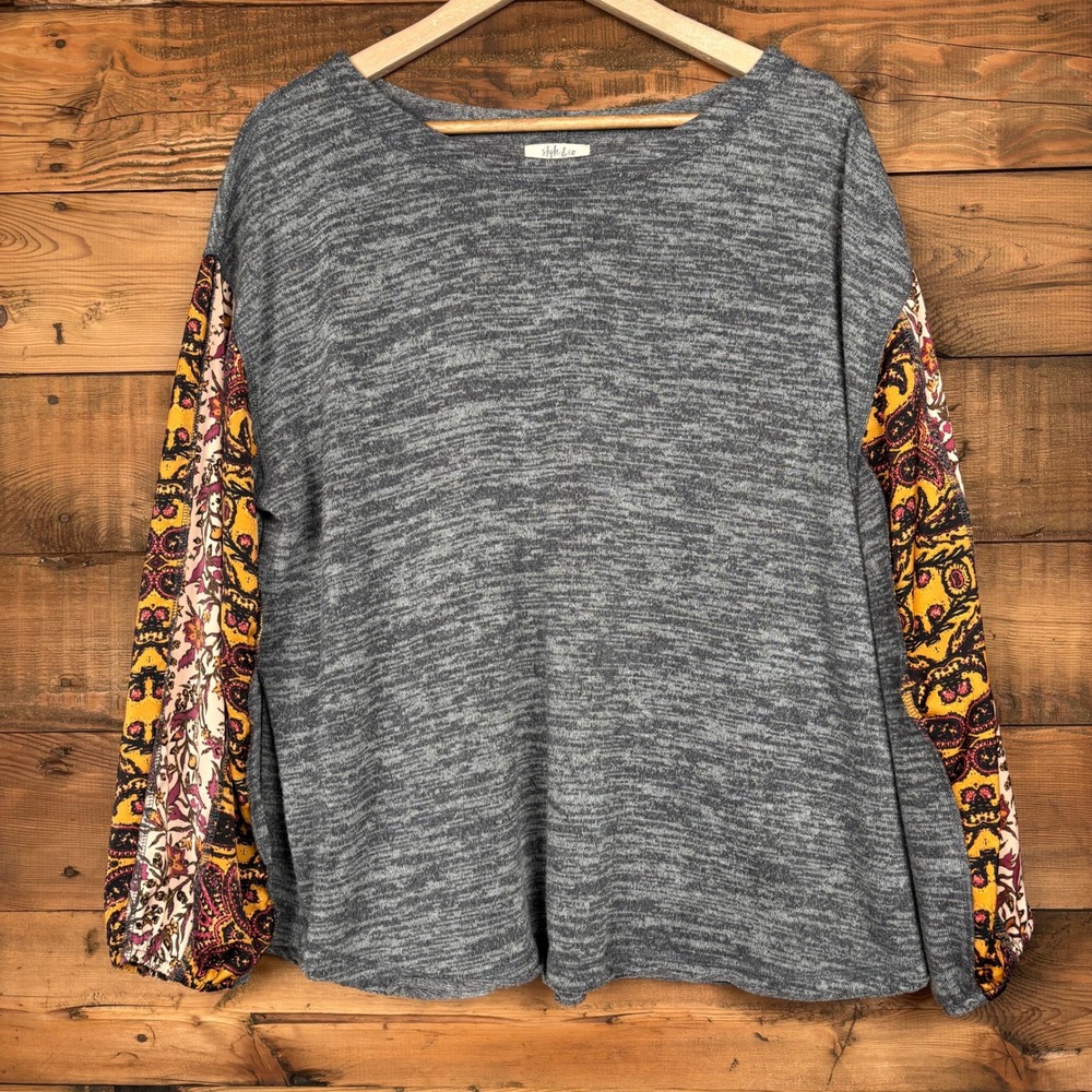 Style & Co Blouse Womens XL Paisley Mixed Media Balloon Sleeve Knit Top